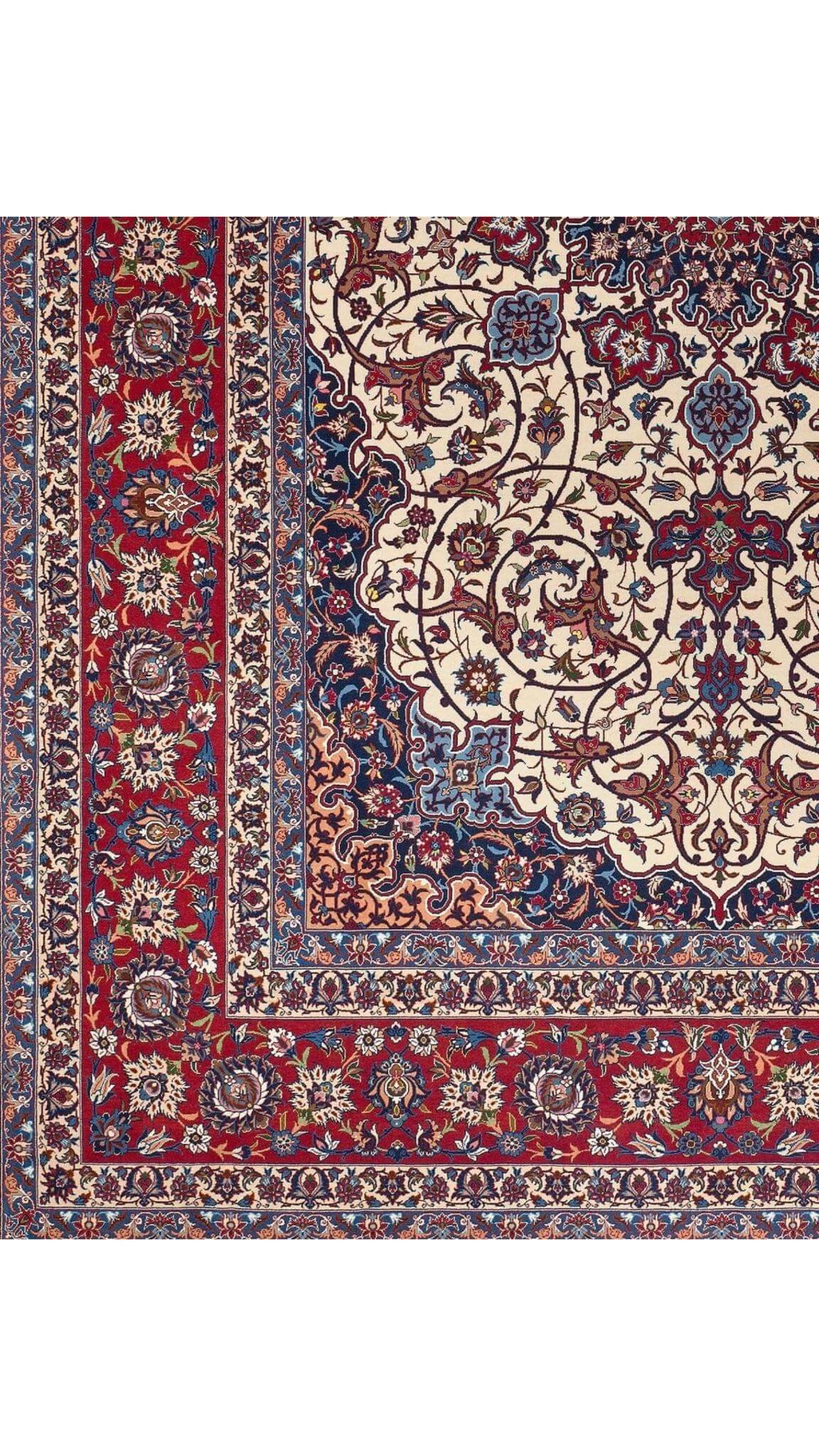 Large handwoven Seirafian carpet with a flawless combination of vibrant red borders and a detailed ivory center.